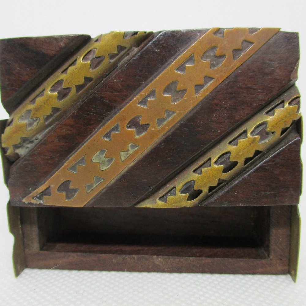 VTG BRASS WOOD PILLBOX Slide Open Top Trinket Box Trinket Box Small Jewelry Box